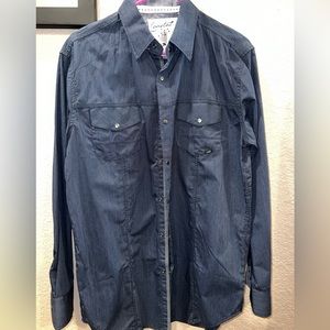 Blue long sleeved button down shirt